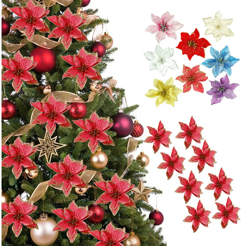 

5/10PCs Christmas Decorations Glitter Artificial Flowers Xmas Tree Decor for Home Party 2022 Navidad New Year Ornaments Gift
