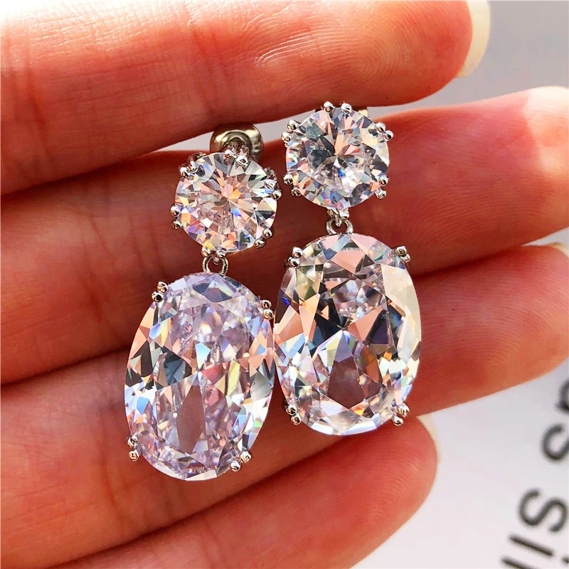 

Big Zircon earrings Luxury Crystal Cubic Zircon Stud Earrings Wedding Jewelry Big Pink Stone Bohemia Earrings for Women Girl's