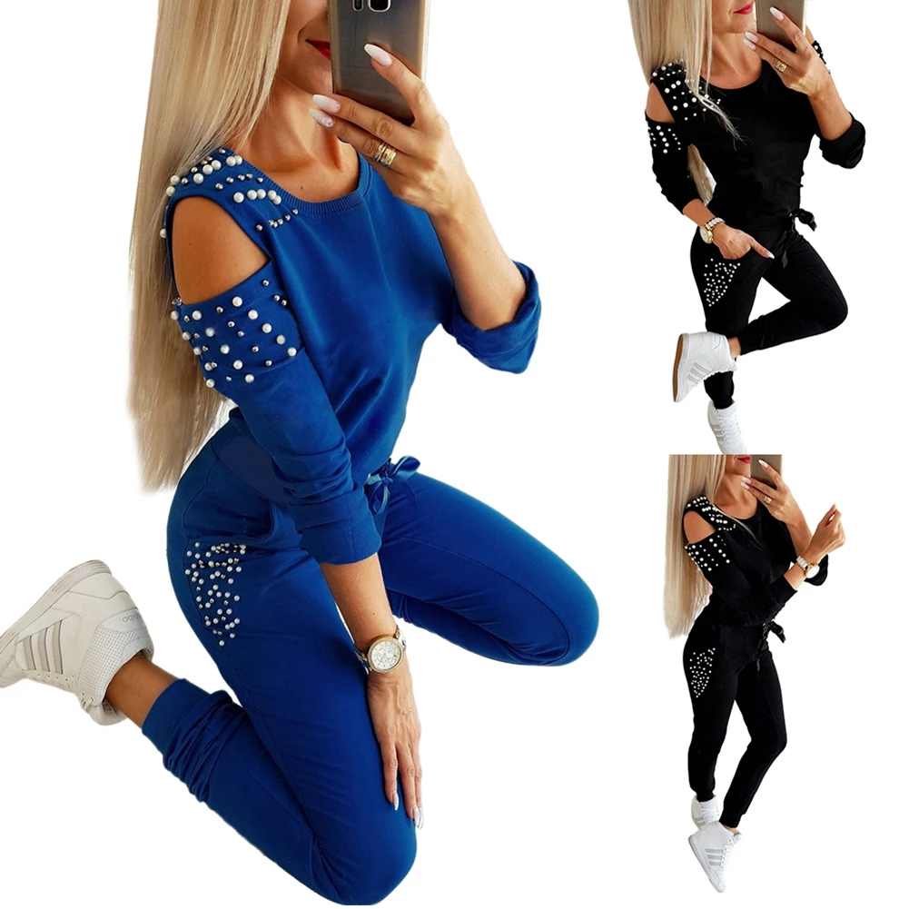 

Женская одежда из двух предметов с жемчугом и круглым вырезом, украшенная бисером, топ с длинными рукавами и открытыми плечами, штаны, зимня...