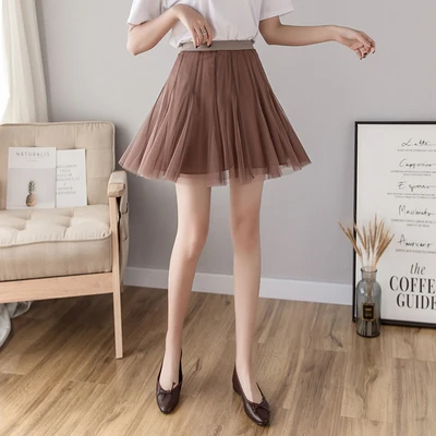 coffee skirt Новинка, винтажная плиссированная мини-юбка, Женская Корейская фатиновая сетчатая юбка с высокой талией, Розовая белая трапециевидная короткая юбка, весна-лето Falda - Цвет: coffee skirt