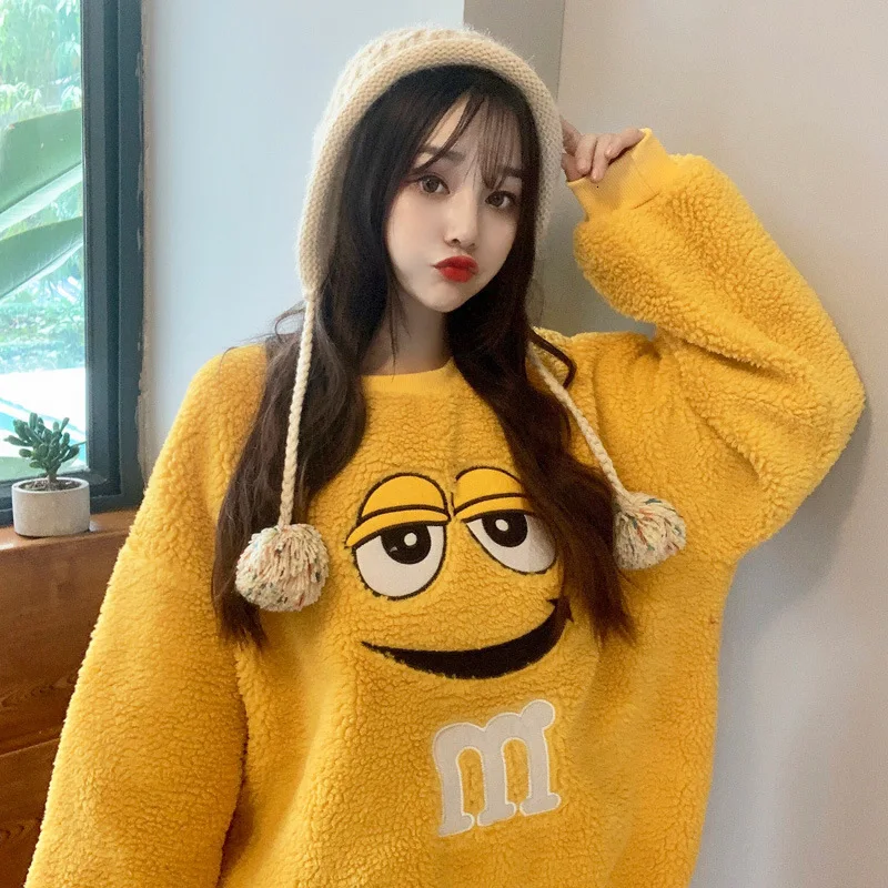 [EWQ] Autumn New Thickening Keep Warm Pullovers Knit Tops Full Sleeve Plus Size Smile Lamb Fur Winter Lady Sweatshirt QL556
