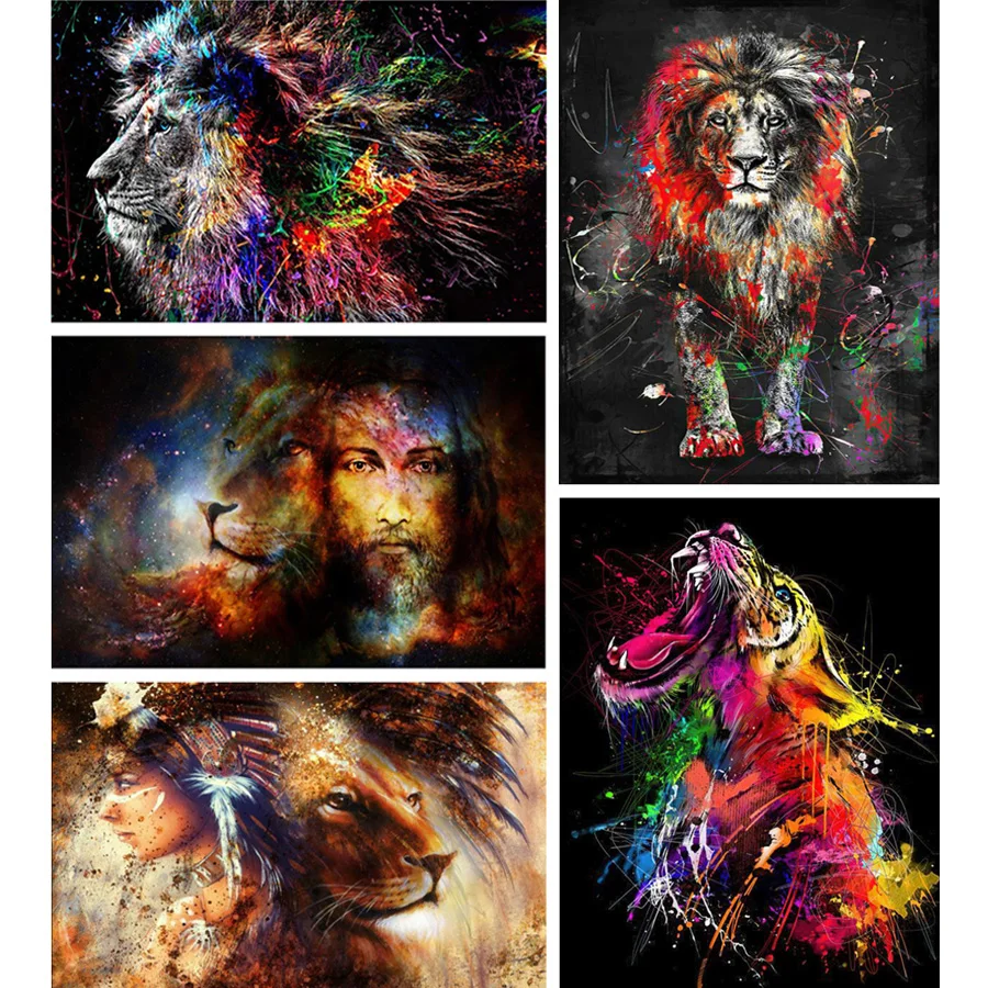 

Алмазная живопись с квадратными/круглыми стразами, картина 5D «сделай сам» с красочным львом, вышивка стразами, мозаика с животными, настенн...