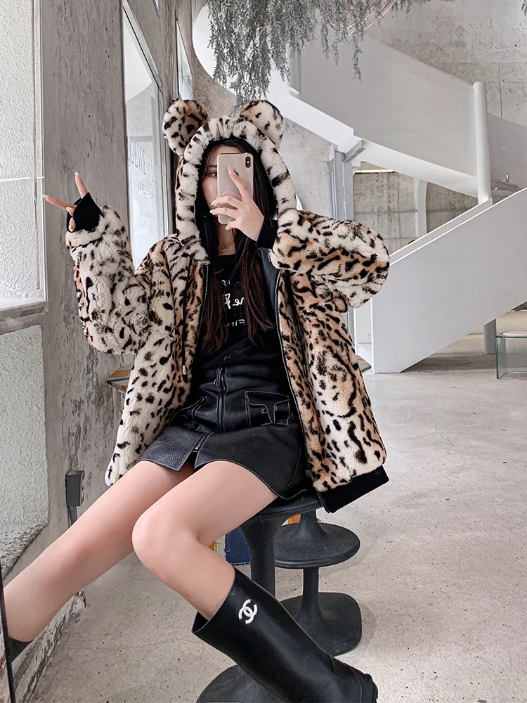 Zero fish Rex knitted Genuine Rabbit fur coat women fashion long rabbit fur jacket Outwear winter fur coat with Hood Leopard