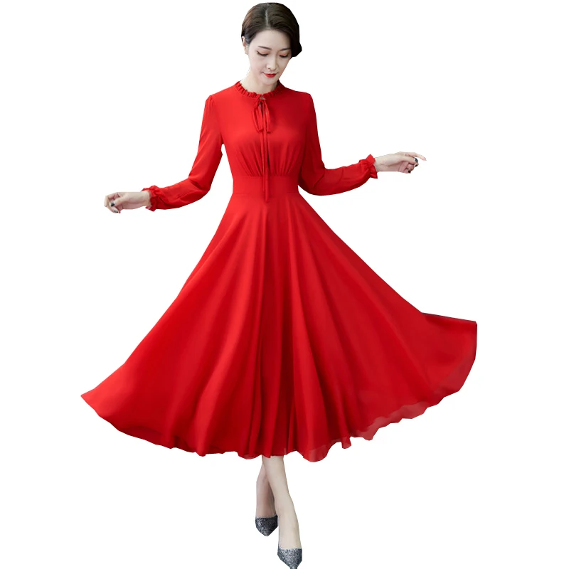 

2021 Spring New Women's Dress Over The Knee Long-sleeved Red Big Swing Long Vintage Female Summer Chiffon Dress Oversize Dresses