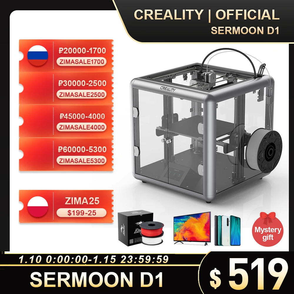 

Creality Sermoon D1 3D Printer Enclosed Machine Silent Mainboard Dual Z Axis4.3 Inch Color Touchscreen Variable Voltage Power