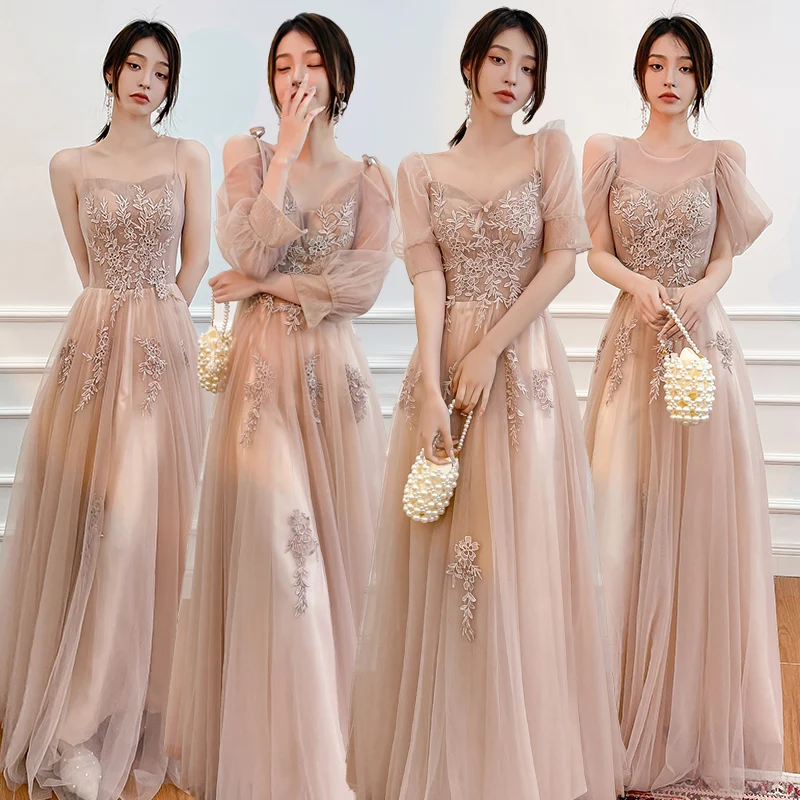 Formal Prom Evening Dresses Champagne Bridesmaid Dress Women  Long Mesh Plus Size Party Night Temperament V-Neck Girl Clothes