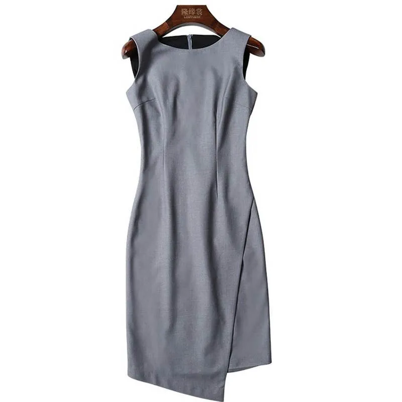 

Elegant Office Lady Dress Summer Women's Small Sexy O-Neck Sleeveless Slim Asymmetry Split ends Solid Dresses AA296