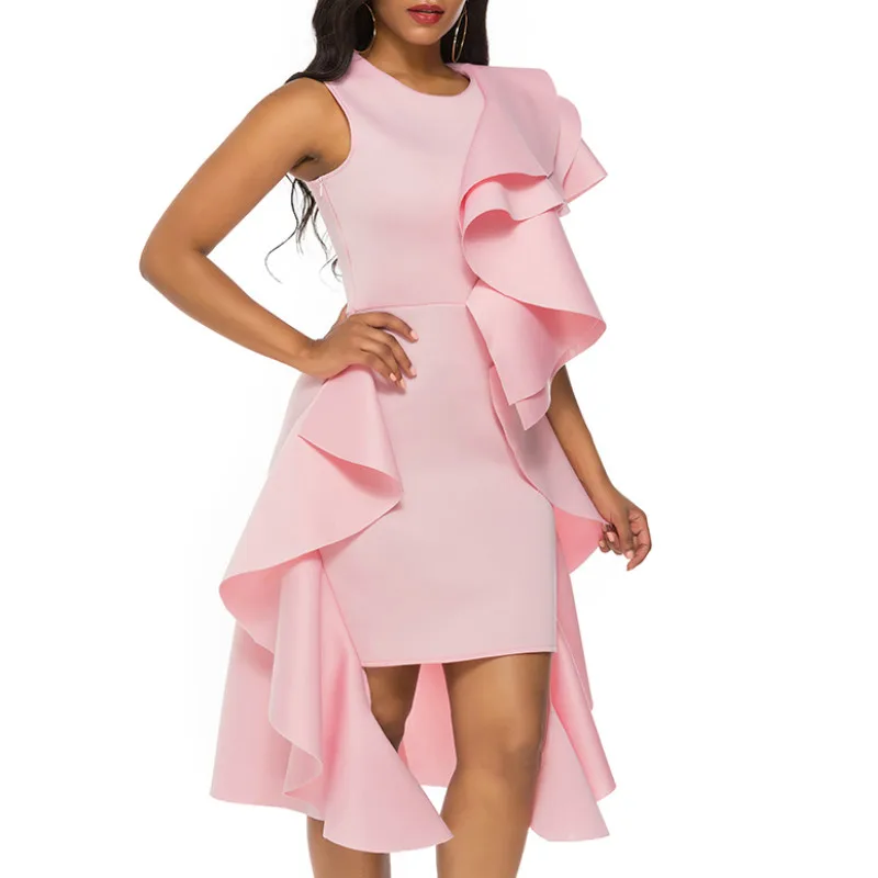 

Женское вечернее платье неправильной длины, розовое облегающее платье с круглым вырезом и оборками для празднования и ночного ужина, облег...
