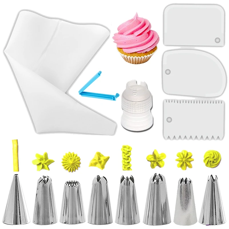 

14PCS Cake Decoration Kit Assorted Silicone Pastry Bag Icing Tip Cake Coupler Piping Nozzle Piping Bag Set Baking Supplies Sets
