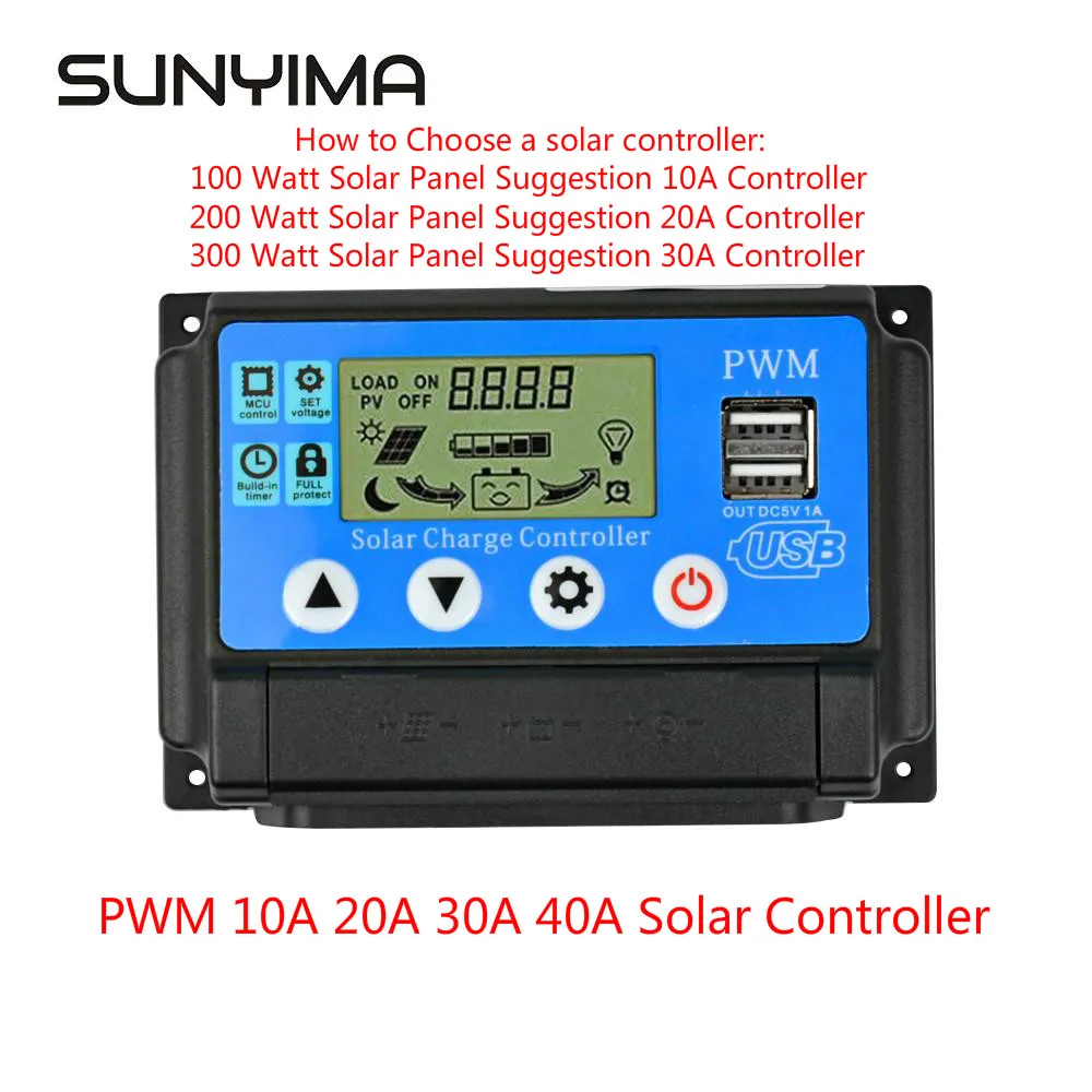 SUNYIMA 50A 12V 24V режимы Auto PWM регулятором солнечного заряда контроллер 40A 30A 20A 10A для