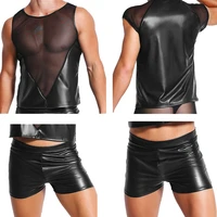 mens clothes set mens undershirts faux leather mesh sleeveless tops vests short pants male underwear night stage dance clubwear