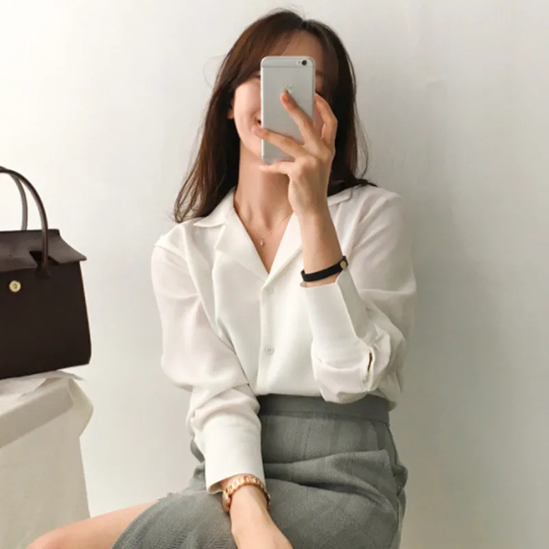 

Houthion V-neck Women's Shirt Long-sleeved Blouse Solid Color Top Comfortable Fashion Casual Korean Spring and Summer