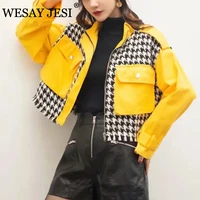 wesay jesi za women autumn zip long sleeve houndstooth stand collor short outwear vintage patchwork pockets coat female overcoat