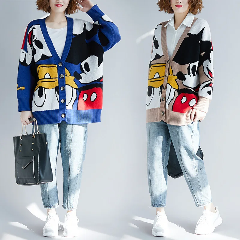 2019 Autumn Women's Large Size Cardigan Coat Literary Bat Sleeve Sweater Mickey Contrast Color Loose Thick |