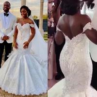 luxury beaded crystals mermaid wedding dress bridal gowns off the shoulder lace applique custom made african plus size dress