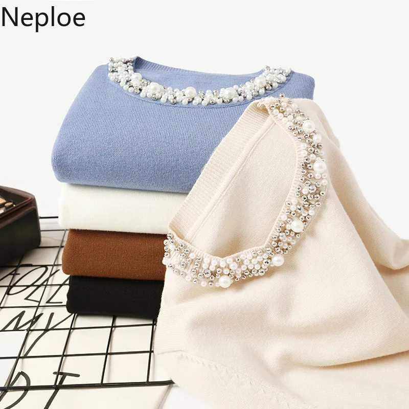Neploe, Осенний пуловер с круглым вырезом и бисером, свитер с длинным рукавом, однотонный свободный женский джемпер,, зимняя одежда, Pull Femme 48017