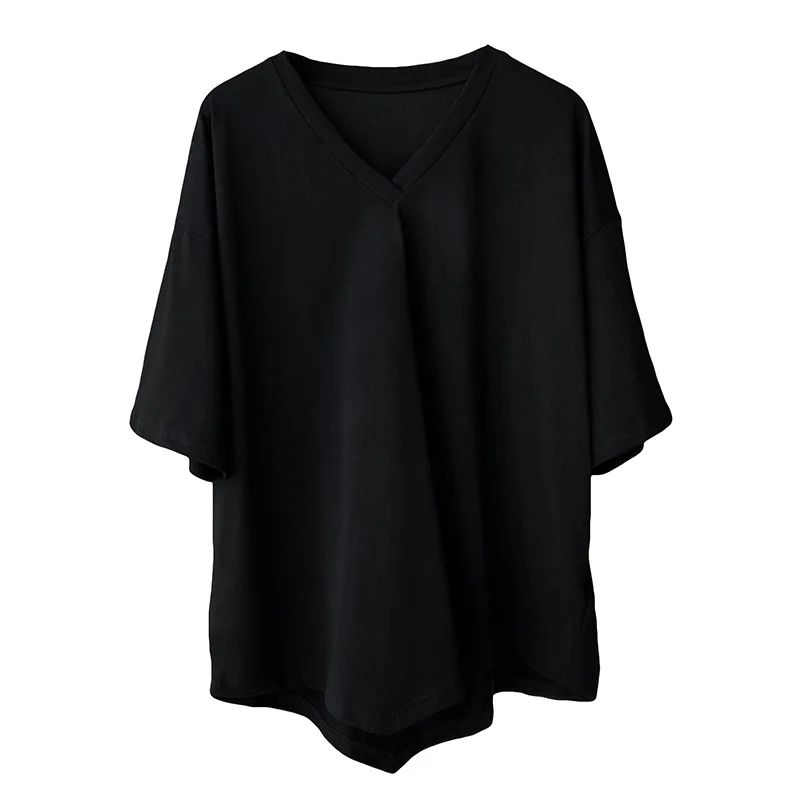 

2021 Summer Hem Irregular V-neck Short-sleeved T-shirt Female White Balck Inner Loose Solid Color Women's Top Tee