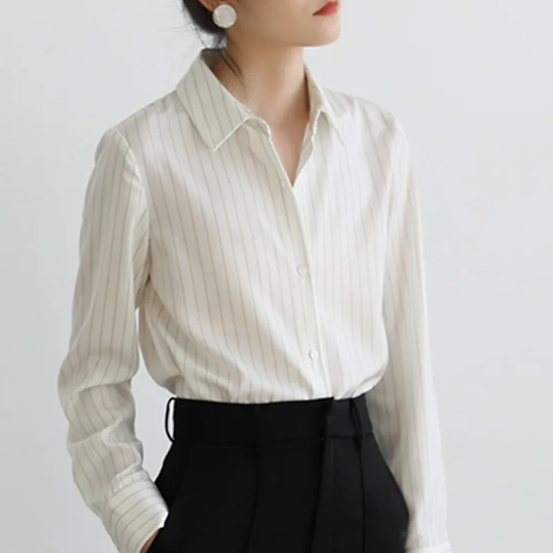 

Alien Kitty Women Shirts 2021 Summer Autumn White Striped Blouses Full Sleeve Elegant Female Office Lady Tops All Match Fashion