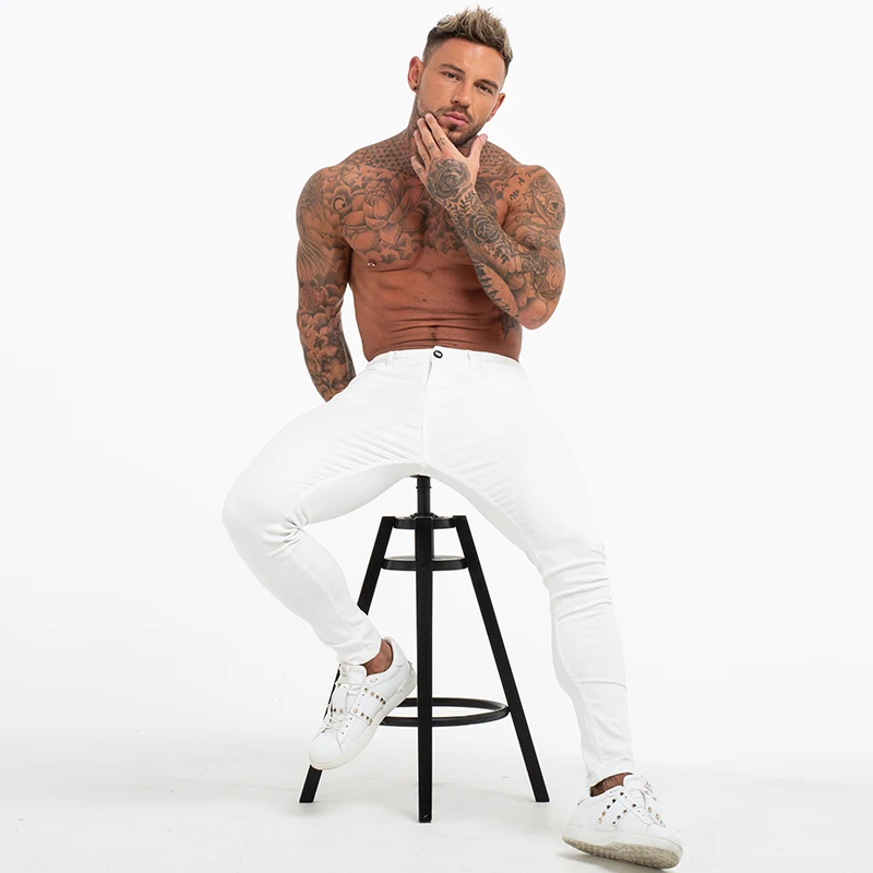 

2021 new Summer Men's Waist Elastic Pants Jeans White Men Cotton High Waist Pants Stretch Jeans Plus Size