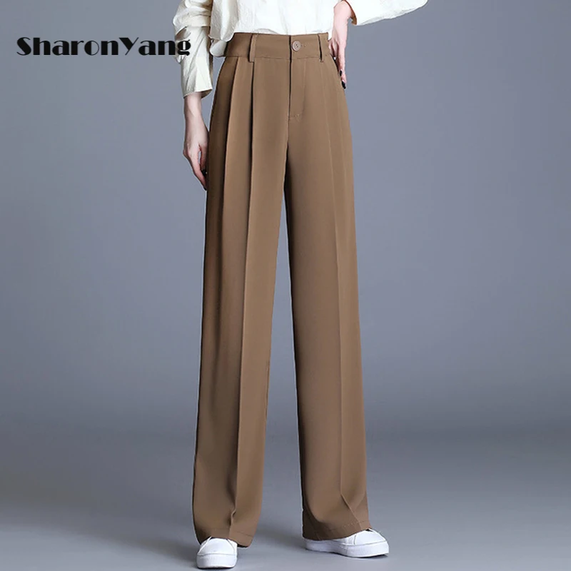 

Однотонные прямые широкие брюки, весна-лето 2021, корейские модные новые повседневные коричневые брюки с высокой талией