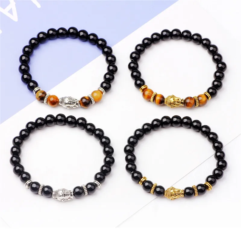 

Black Natural Gem Stone Beads Bracelet Bangle Buddhist Buddha Prayer Elastic Bracelet Alloy Jewelry Accessories Unisex