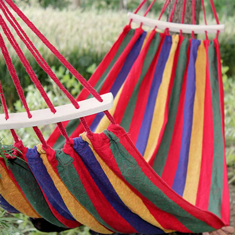 

Portable Canvas Hammock Travelling Outdoor Picnic Wooden Swing Chair Camping Hanging Bed Rainbow Striped Camping Tent