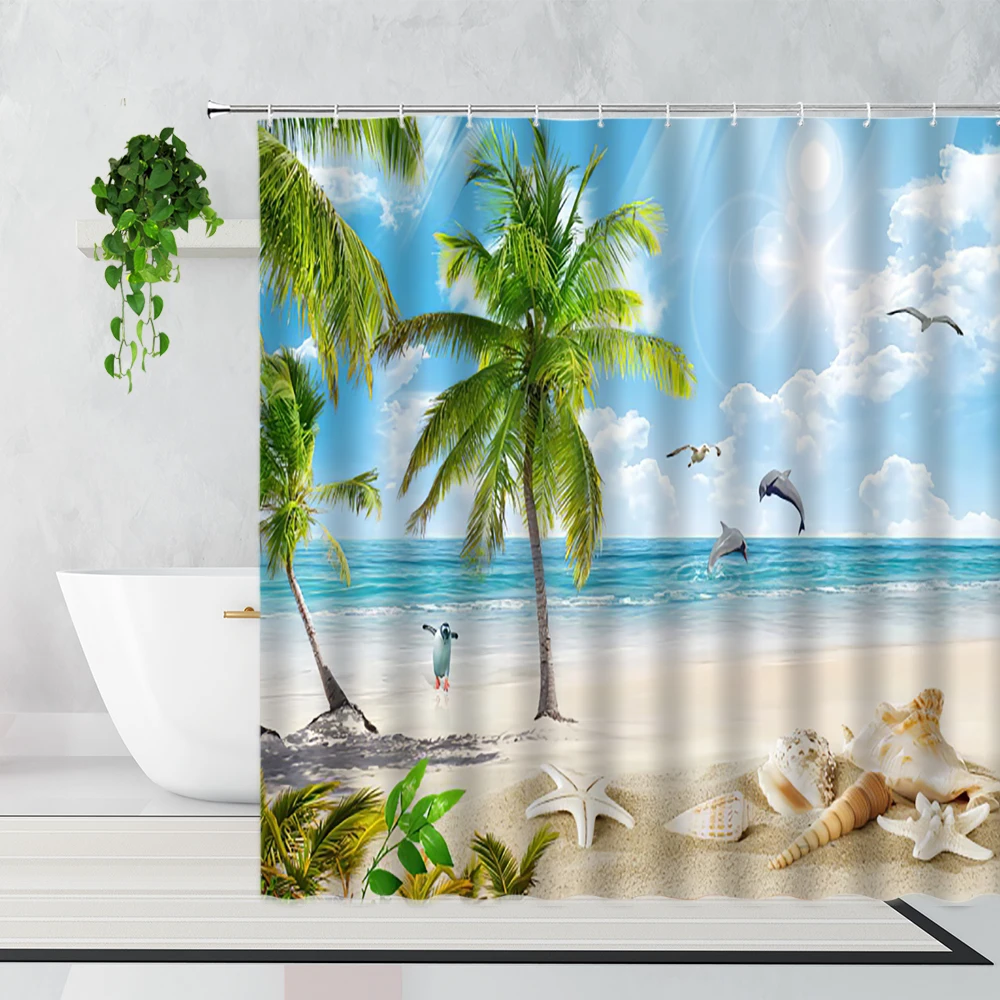 

Штора для душа, летняя Водонепроницаемая 3D занавеска для душа с изображением Морского Пейзажа, пальмы, дельфина, морской звезды, ракушки, ва...