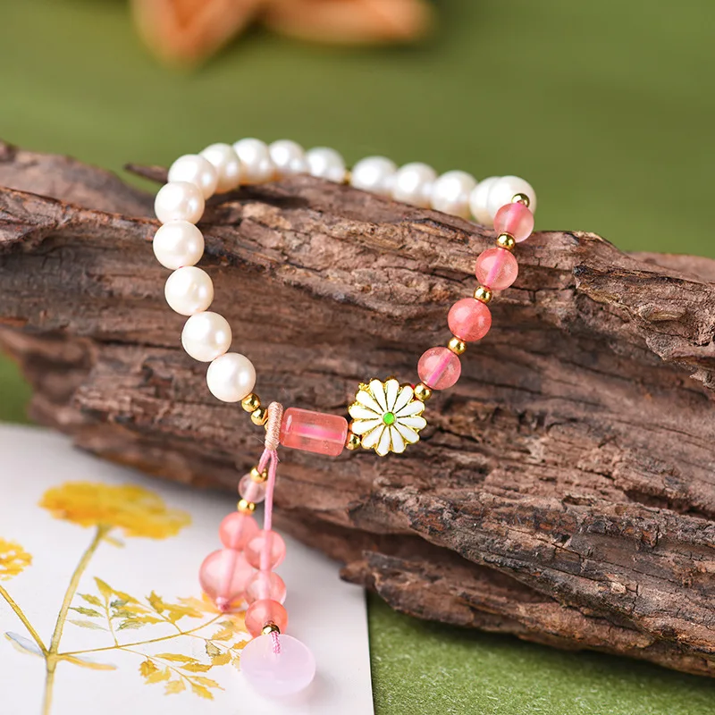Женский браслет из натурального жемчуга с подвеской розового кварца элегантная