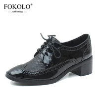 fokolo casual shoes women patent leather sewing round toe lace up brogue shoes rubber sole handmade spring new ladies flats p10