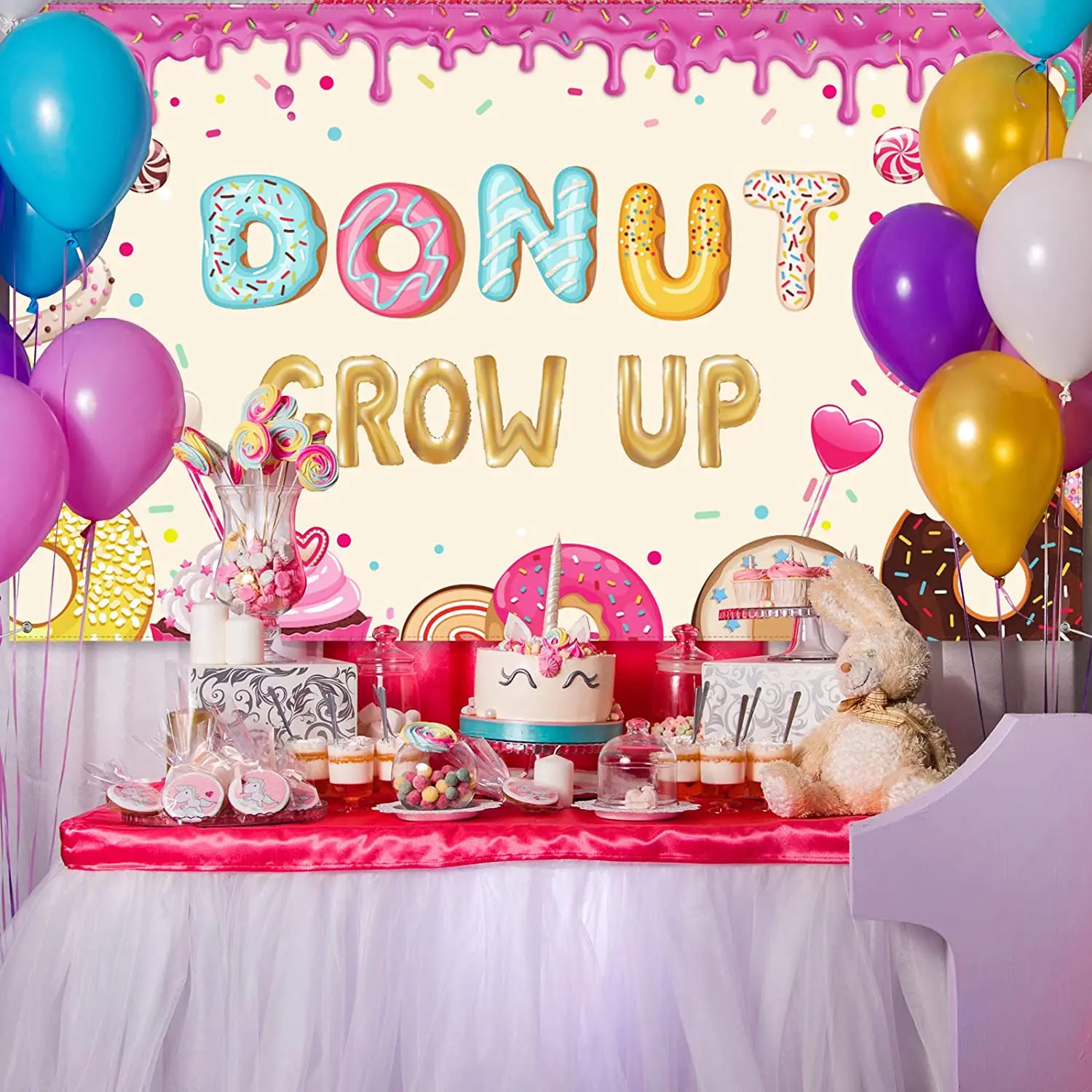 

Donut Grow up Birthday Backdrop Sweet Donuts Photography Background Donut Party Decorations for Kids Birthday Party Supplies