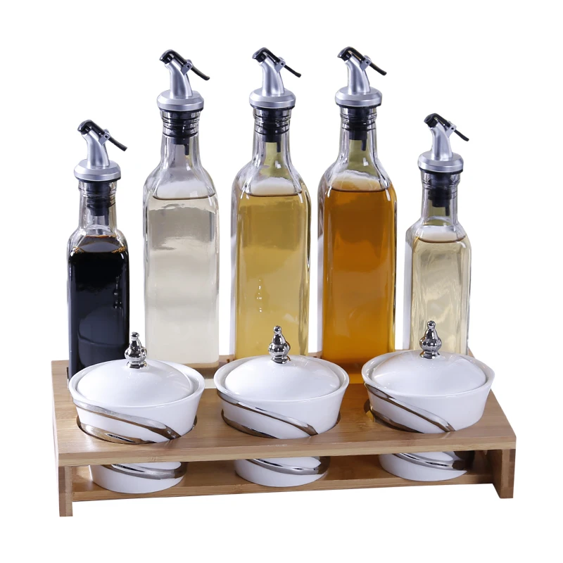 Бак для кухонных приправ Бамбуковая деревянная рама набор бутылок масла