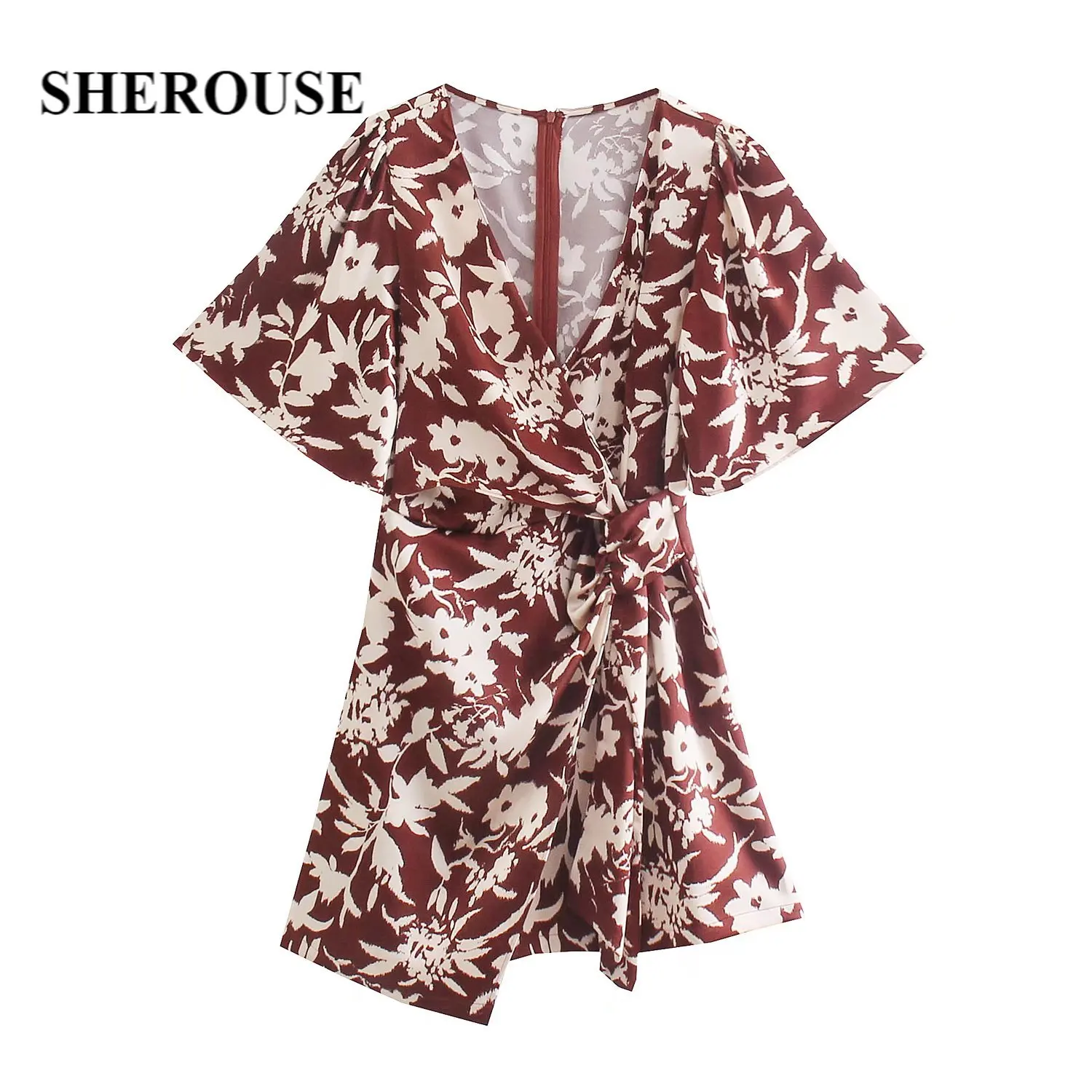 

Женское платье с цветочным принтом SHEROUSE, винтажное платье с бантом и широкими рукавами, v-образным вырезом И АСИММЕТРИЧНЫМ ПОДОЛОМ