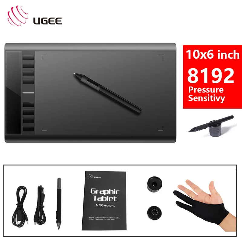 Ugee, новинка, M708, цифровые планшеты для рисования, графический планшет, 10*6 дюймов, 8192, чувствительность к давлению, с беспроводной ручкой, бесплатные черные перчатки - Цвет: Ugee M708 standard