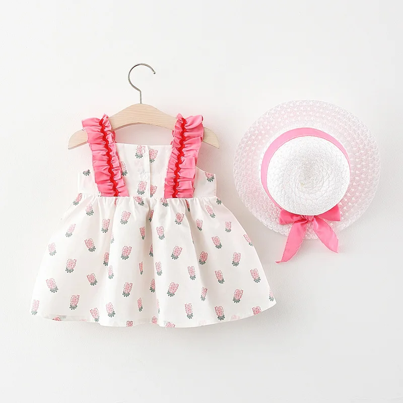Trajes de verano para ni&ntilde;os peque&ntilde;os, ropa para reci&eacute;n nacidos con estampado de dibujos animados, algod&oacute;n sin mangas, Vestido de playa para beb&eacute; + sombrero para el sol, vestidos para ni&ntilde;a BC2100-2