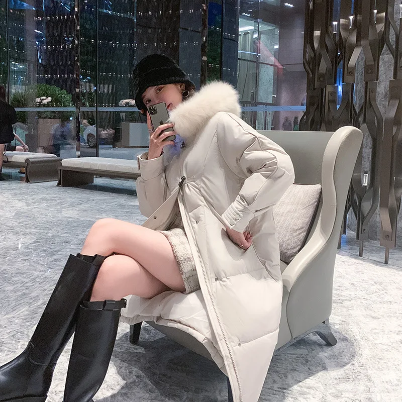 

2020 New Korean Fashion Horn Buckle Down Padded Jacket Mid-length Loose Thick Padded Jacket Women