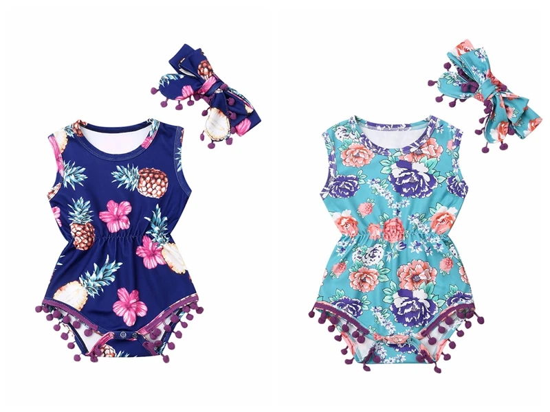

Summer Infant Newborn Toddler Baby Girls Romper Floral Tassel Clothes Playsuit Jumpsuit Bodysuit+ Headband Outfit 0-24M