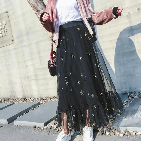 Женская милая длинная юбка с вышивкой в виде звезды для девочек плиссированная
