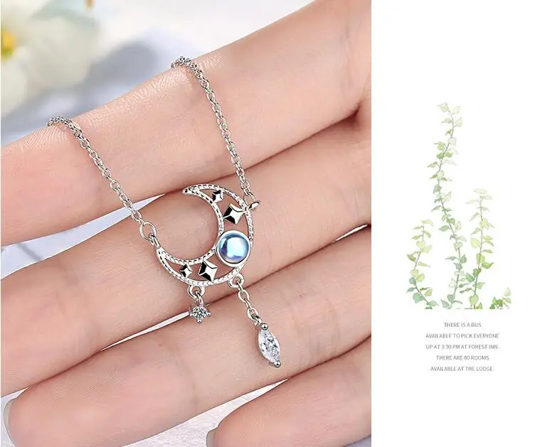 

925 Sterling Silver Necklaces For Women Crystal Tassel Star Moon Charm Necklaces & Pendants Statement Jewelry Collar DZ848