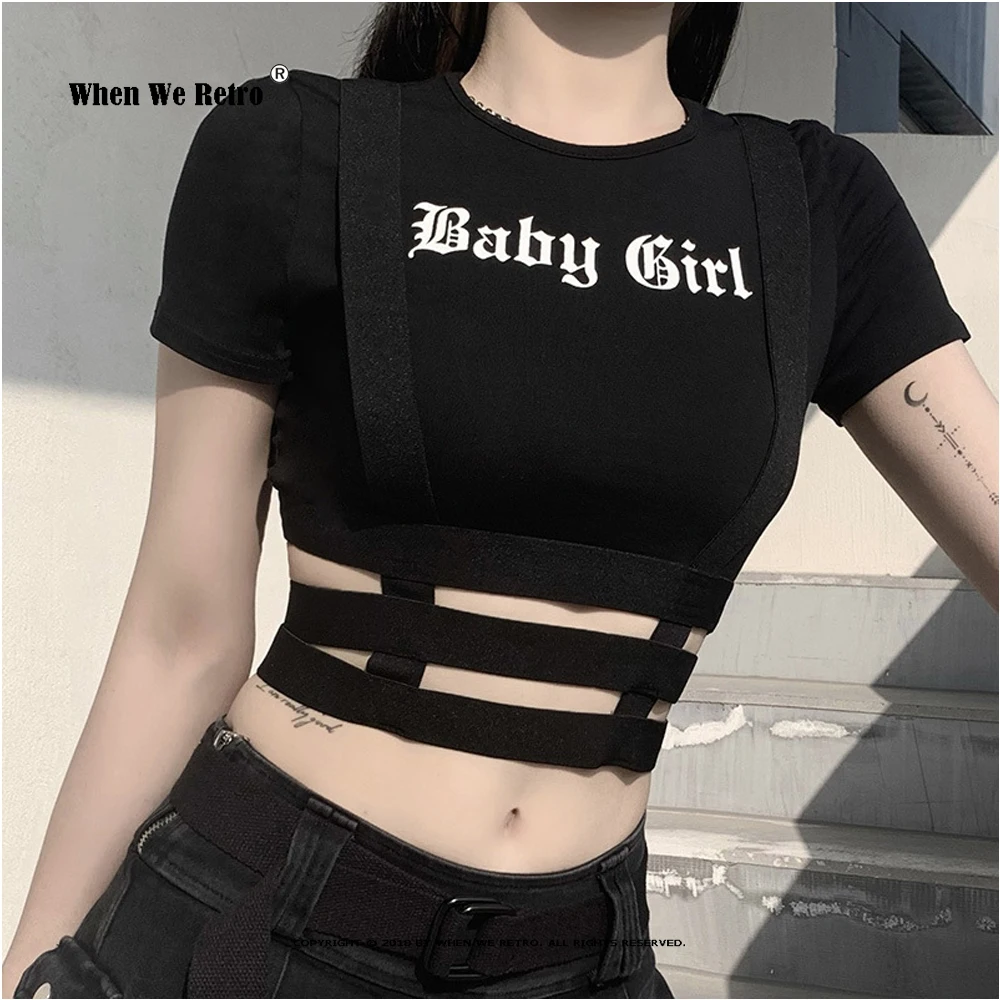 

Уличная одежда, черная футболка в стиле панк с вырезами, облегающий топ с коротким рукавом и надписью Goth в стиле Харадзюку, женские сексуаль...