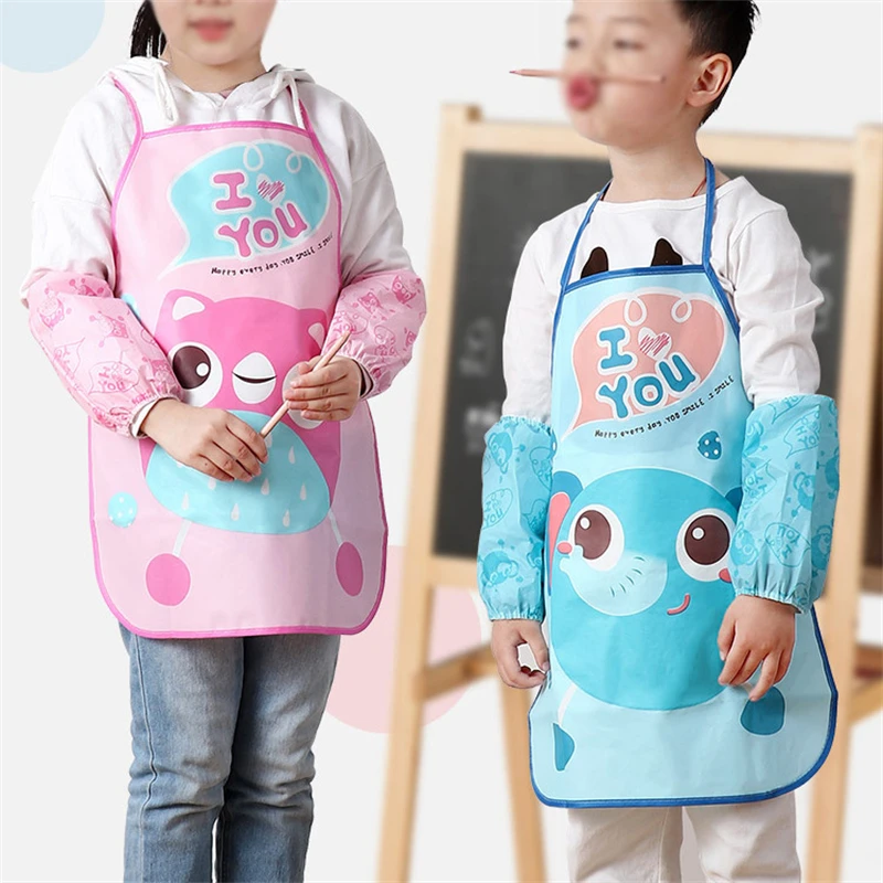 

Cute Waterproof Kids Feeding Aprons Suit Drink Food Children Apron Cuffs Baby Bibs Restaurant Accessories Portable Cartoon Bib