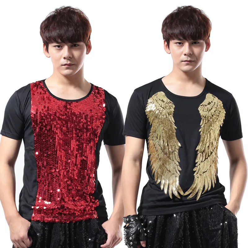 

New Sequin Dance Tops Men Costume Gold Wings Pattern Red Shining DS Party Outfits Nightclub Show Singers Stage Clothes BL2098