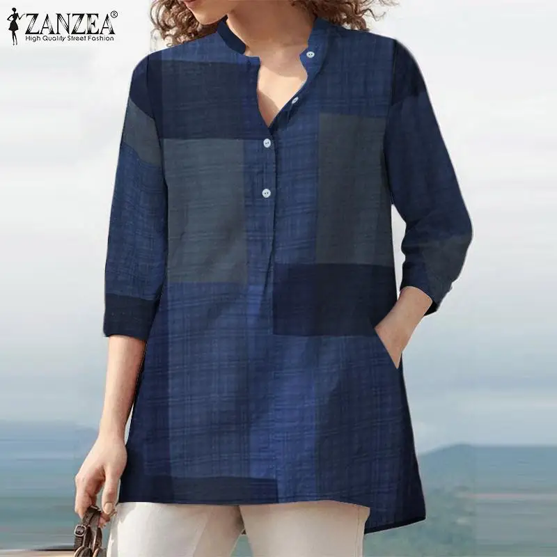 

Vintage Check Shirts Women's Button Blouse ZANZEA 2022 Kaftan Tunic Casual 3/4 Sleeve Blusas Female O Neck Tunic Tops