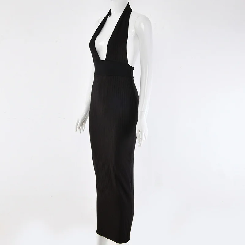 COSYGAL белый Вязание Bodycon платья Для женщин глубокий v-образный вырез длинное платье с низким вырезом на спине, летнее платье карандаш Vestidos