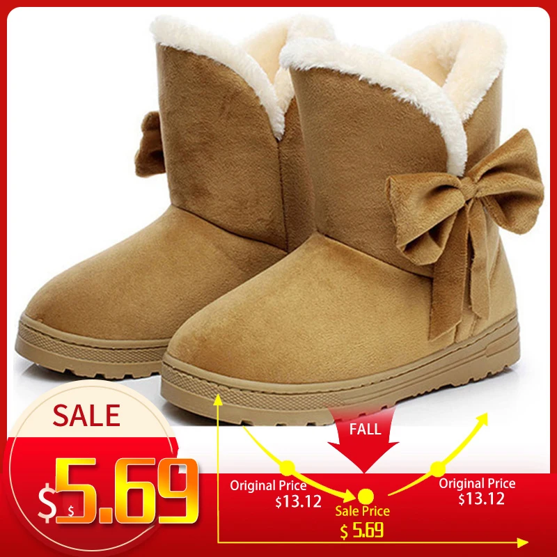 

Женские ботинки, женские зимние ботинки, теплые плюшевые ботинки с бантом, меховые замшевые ботильоны без застежек на плоской подошве, женс...