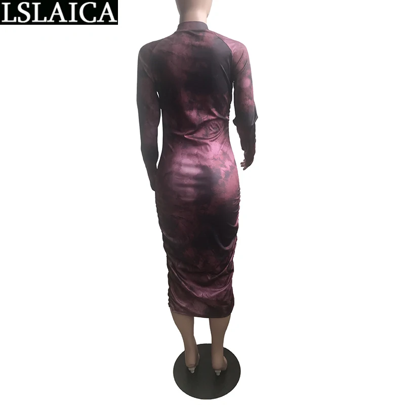 

Fashion Vintage Dress Printing Casual Skinny Autumn Dress Hot Sale Long Sleeve Party Ruched O Neck Mid Calf Vestiti Donna
