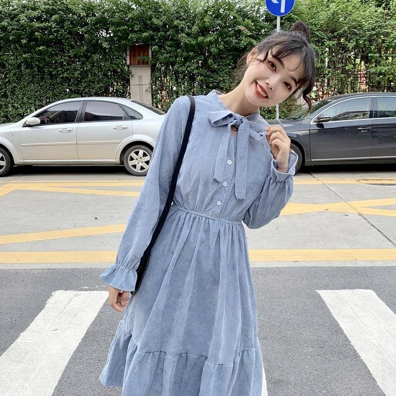 

Women's Spring and Autumn Dress Korean Version of The New Female Bellflower Skirt with Ribbon and Corduroy Dresses GX292