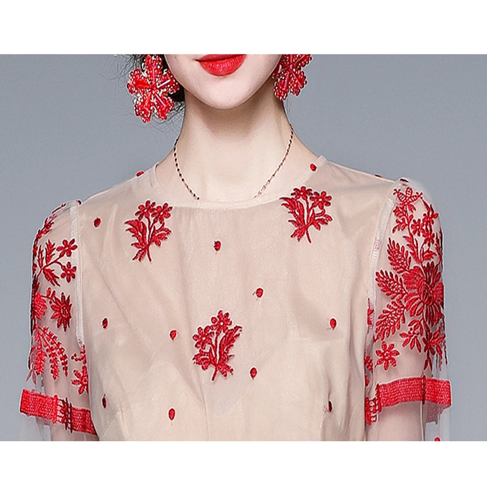 

Simgent Lantern Sleeve Ruffle Dress Women Summer Floral Embroidery Elegant Vintage Mesh Dress Woman Clothing Vestidos SG14113