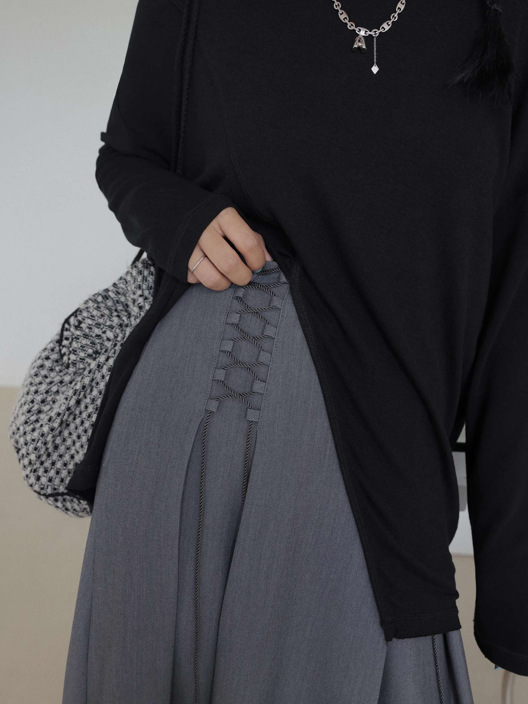 Женская юбка со шнуровкой плиссированная трапециевидная с высокой талией серого