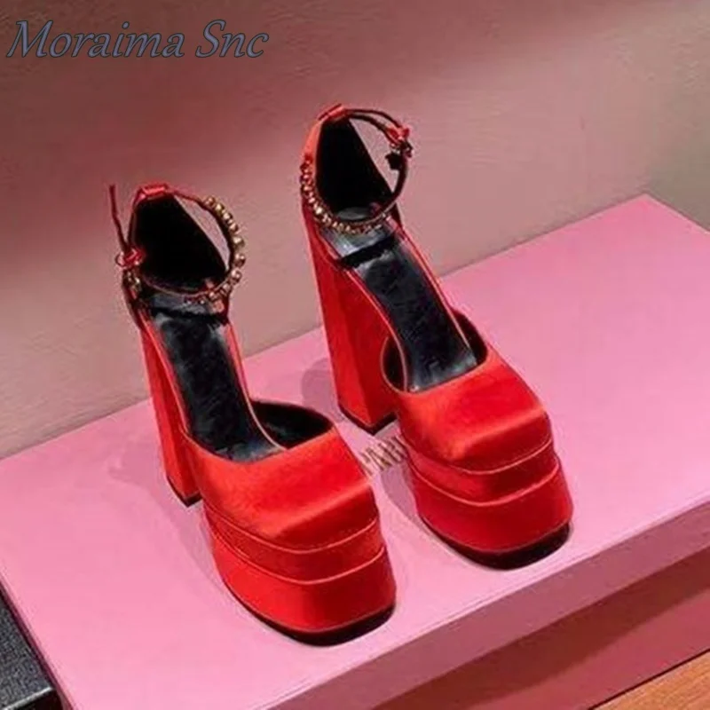 Moraima Snc Pumps Buckle Strap Silk Black High Platform Square Toe Women Pumps Chunky High Heel New Fashion Autumn Spring Shoes