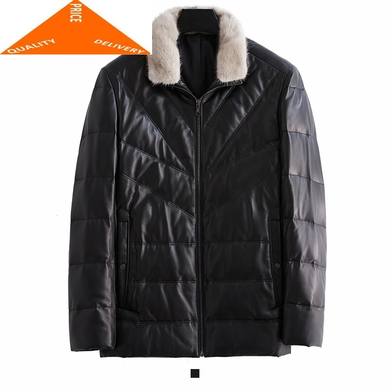 

100% Winter Men's Real Mink Fur Collar Sheepskin Men Duck Down Jacket Warm Genuine Leather Coat 00265
